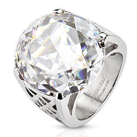 A huge 9+ carat CZ on a stainless steel band. Wholesale stainless steel rings. Main photo.
