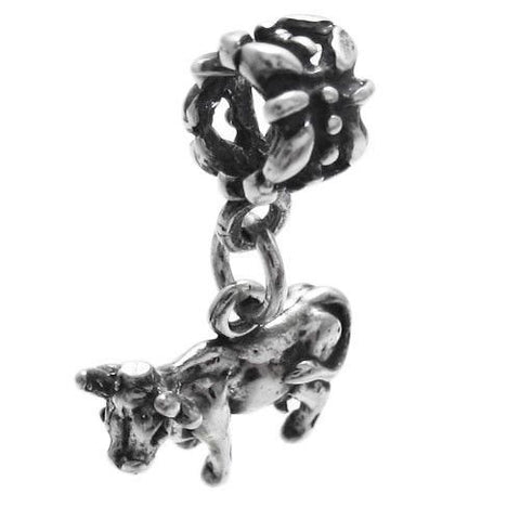 Cow Euro Bead Charm in 3D Sterling Silver.