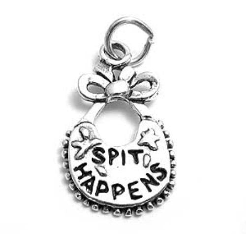 "Spit Happens" on Baby Bib Charm in Sterling Silver