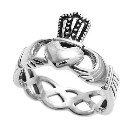 Classic Claddagh Symbol on a Unique Interwoven Band. Wholesale Sterling Silver Rings. Main photo.