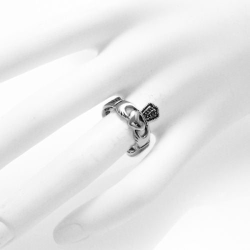 Classic Claddagh Symbol on a Unique Interwoven Band. Wholesale Sterling Silver Rings. On hand.