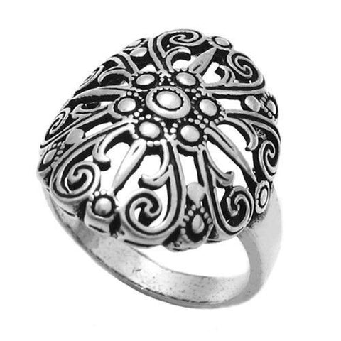 Complex sun themed ring in intricate scroll and bead filigree. Wholesale Sterling Silver Rings. Main photo.
