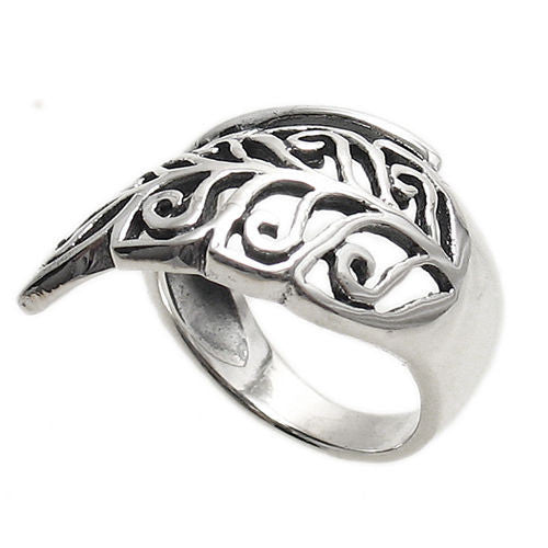 Beautifully sculpted wrap ring in a filigree leaf motif. Wholesale Sterling Silver Rings. Second Angle.