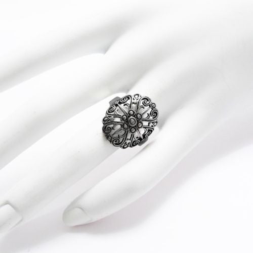 Complex sun themed ring in intricate scroll and bead filigree. Wholesale Sterling Silver Rings. On hand.