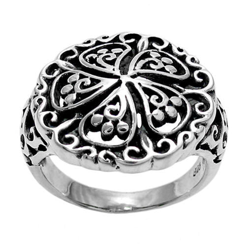 Sophisticated and elegant scroll and bead filigree ring. Wholesale sterling silver rings. Top view.