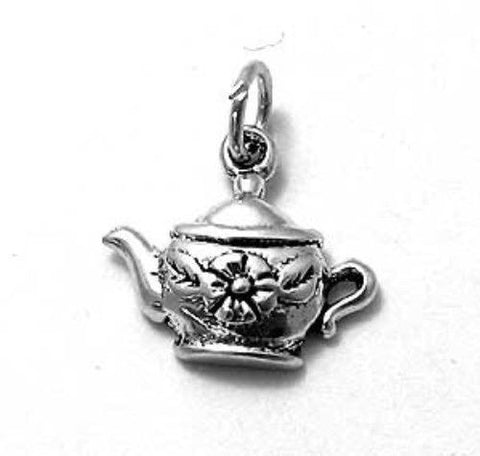 Teapot with Flower Detail Charm in Sterling Silver