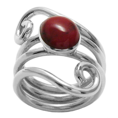 Twisty and Loopy Wrap Ring with Red Jasper. Wholesale sterling silver rings. Straight photo.