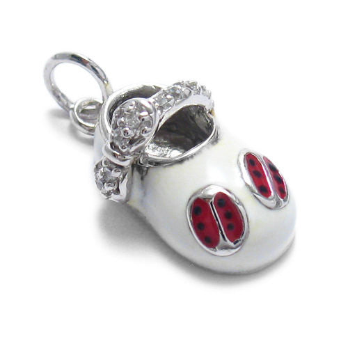 White Baby Shoe w/ Red Enamel Ladybug and CZ Buckle. Wholesale Sterling Silver Charms. Main photo.