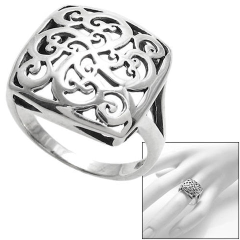 Beautiful scroll filigree in a square dome ring. Energy. Continuity. Wholesale Sterling Silver Rings. Main photo.