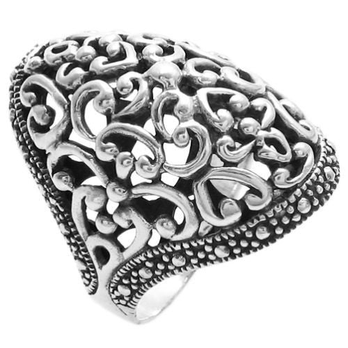 Aristocratic Rounded Filigree Long Ring with Beaded Border. Wholesale Sterling Silver Rings. Alternate photo.