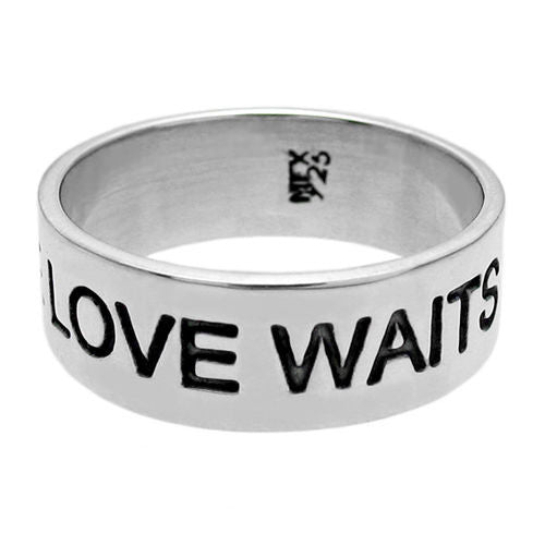 Promise ring with "True Love Waits" inscribed into the band. Wholesale Sterling Silver Rings. Front view.