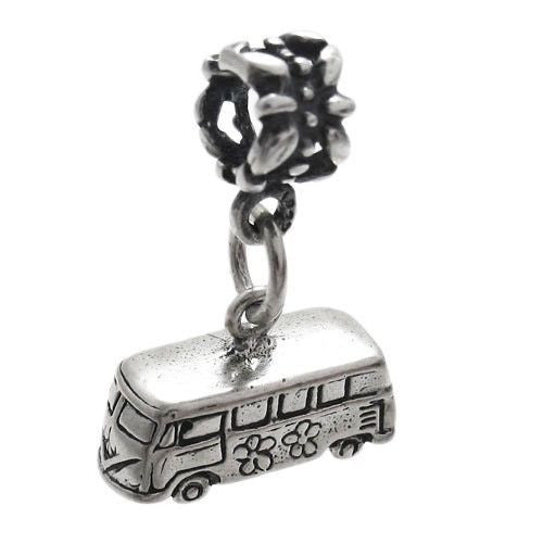 Hippie VW Bus Charm in 3D with Euro Bead. Sterling Silver
