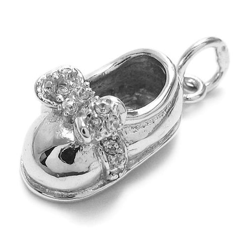 Polished silver baby shoe charm with a CZ laced bow. Wholesale Sterling Silver Charms. Main photo.