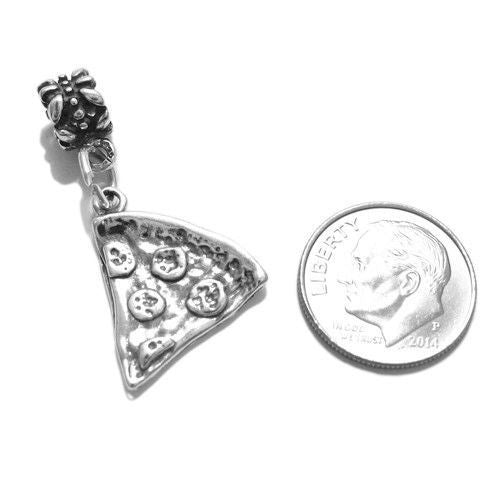 Pepperoni Pizza Slice Charm with Euro Bead. Sterling Silver