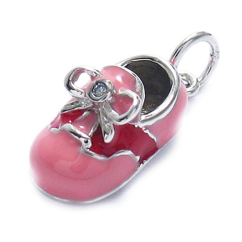 Pink and Red Enamel Baby Shoe w/ CZ Bow. Wholesale Sterling Silver Charms. Main photo.