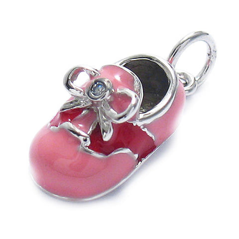 Pink and Red Enamel Baby Shoe w/ CZ Bow. Wholesale Sterling Silver Charms. Main photo.