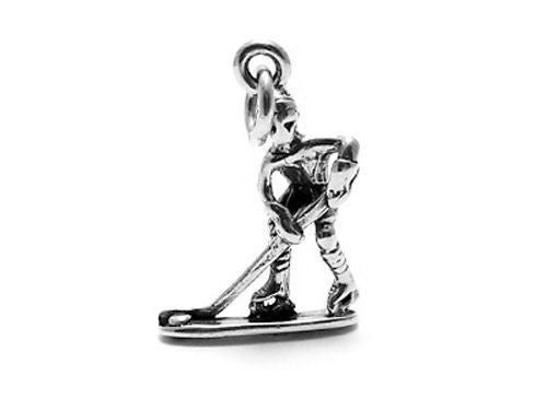Ice Hockey Player Charm in 3D. Sterling Silver