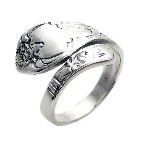 Intriguing Antiqued Wrap-Around Floral Pattern Spoon (Flatware) Ring. Wholesale Sterling Silver Rings.