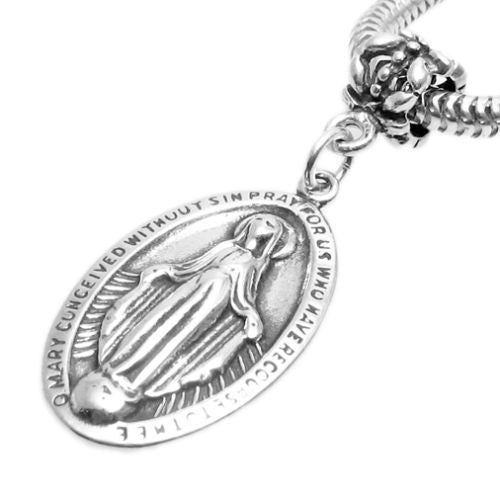 St. Mary Miraculous Medal with Euro Bead. Charm in Sterling Silver