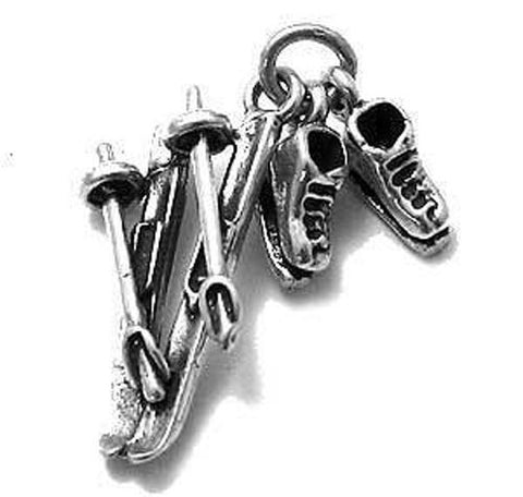 Skis and Boots Charm in 3D. Sterling Silver
