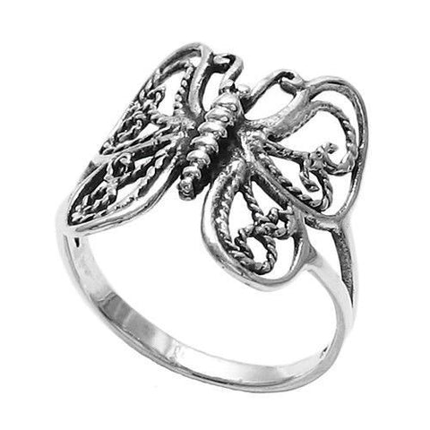 Beautiful butterfly ring, with rope pattern detailed wings. Wholesale Sterling Silver Rings. Main photo.