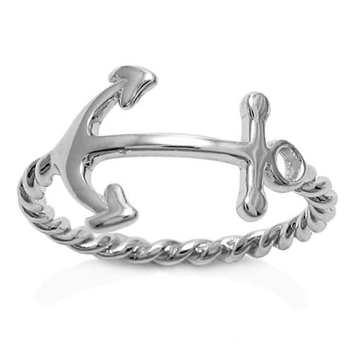 Charming anchor ring with a twisted rope band. Wholesale Sterling Silver Rings. Front View