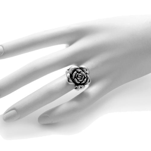Beautiful and elegant rose in bloom ring with numerous petals. Wholesale Sterling Silver Rings. On mannequin photo.