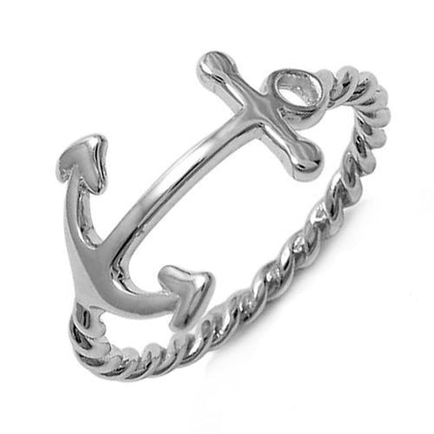 Charming anchor ring with a twisted rope band. Wholesale Sterling Silver Rings.