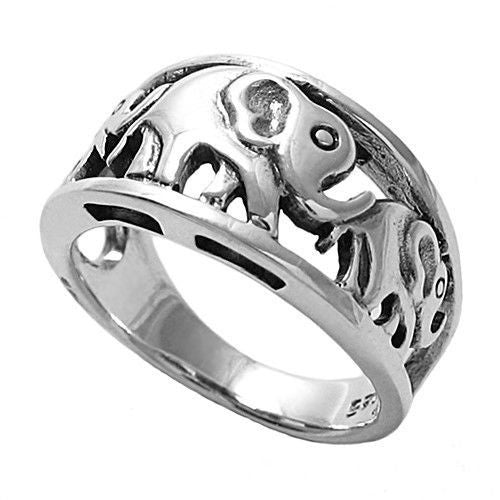 Unique ring depicting a family of elephants, tail to trunk. Wholesale Sterling Silver Rings. Main photo.