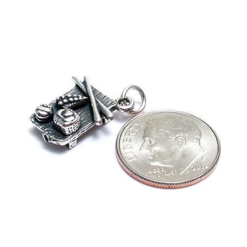 Sushi on a Dish with Chopsticks with Euro Bead. Charm in 3D Sterling Silver