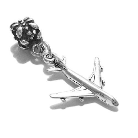 Passenger Plane Charm with Euro Bead. 3D Sterling Silver