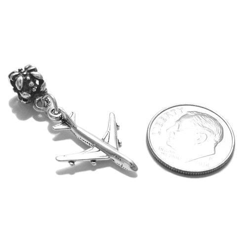 Passenger Plane Charm with Euro Bead. 3D Sterling Silver