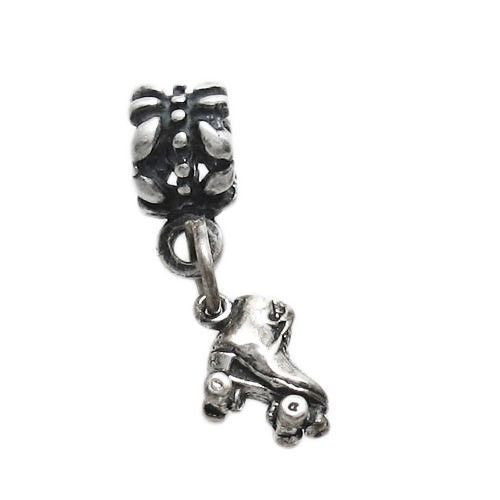Roller Skate with Euro Bead. Charm in 3D Sterling Silver