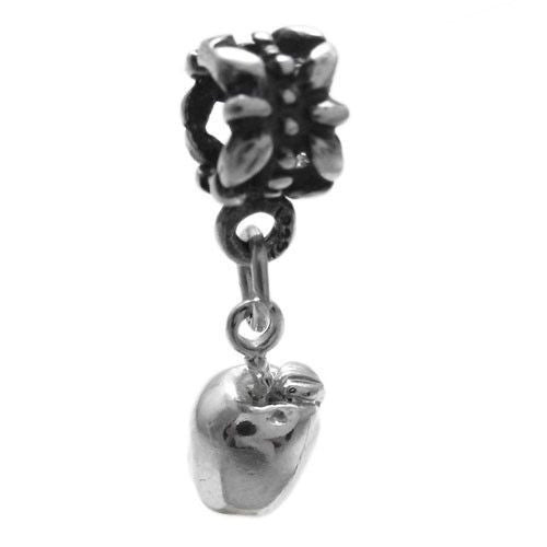 Apple Charm in 3D with Euro Bead. Sterling Silver