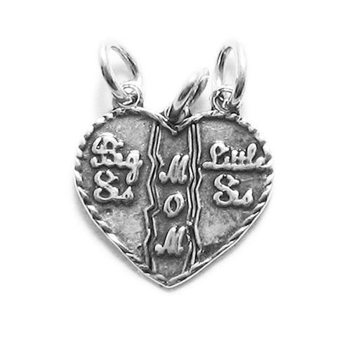 Small "Mom" - "Big Sis" - "Little Sis" Breakaway Heart Charm in Sterling Siver