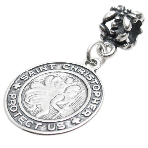 St. Christopher Medal in Artistic Detail with Euro Bead. Sterling Silver