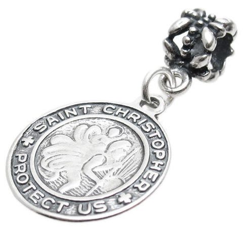 St. Christopher Medal in Artistic Detail with Euro Bead. Sterling Silver