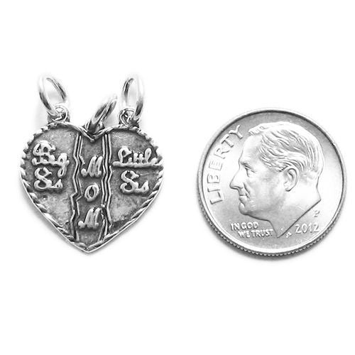 Small "Mom" - "Big Sis" - "Little Sis" Breakaway Heart Charm in Sterling Siver