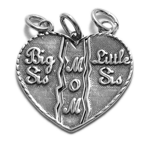 Large "Mom" - "Big Sis" - "Little Sis" Breakaway Heart Charm in Sterling Siver
