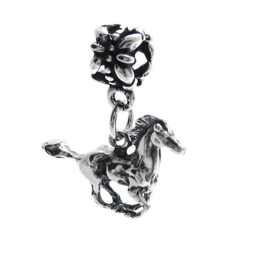 Horse in Gallop Euro Bead Charm in 3D Sterling Silver.