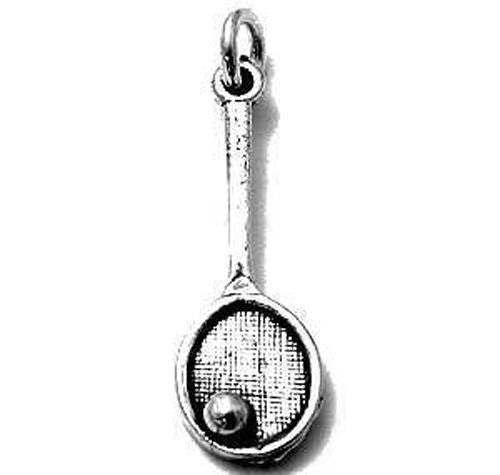 Retro Wooden Tennis Racket and Ball Charm in Sterling Silver