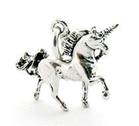 Unicorn in Prancing Pose Charm in 3D Sterling Silver.