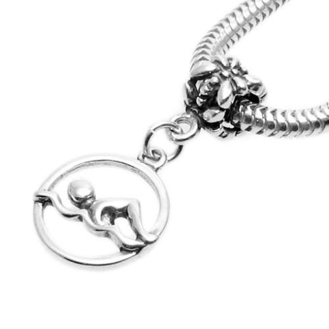 Swimmer in Oval Frame with Euro Bead. Charm in Sterling Silver