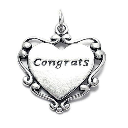 "Congrats" in Scroll Decorated Heart Charm. Sterling Silver