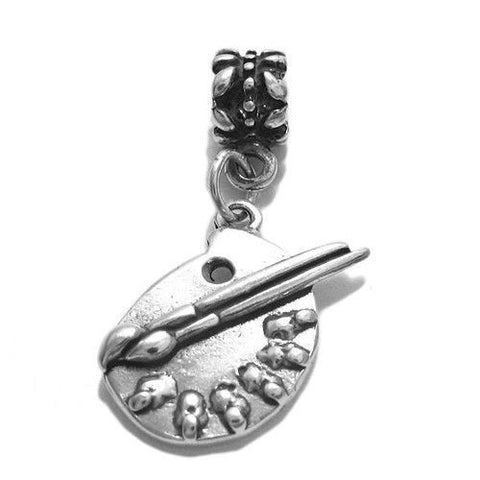 Painter's Palette and Brushes Charm with Euro Bead. Sterling Silver