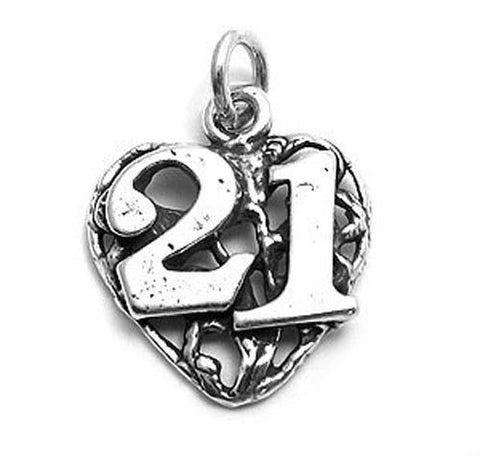 "21" Heart Charm. Sterling Silver