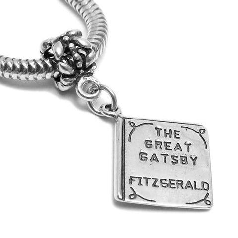 "The Great Gatsby by Fitzgerald" Book Charm with Euro Bead. Sterling Silver