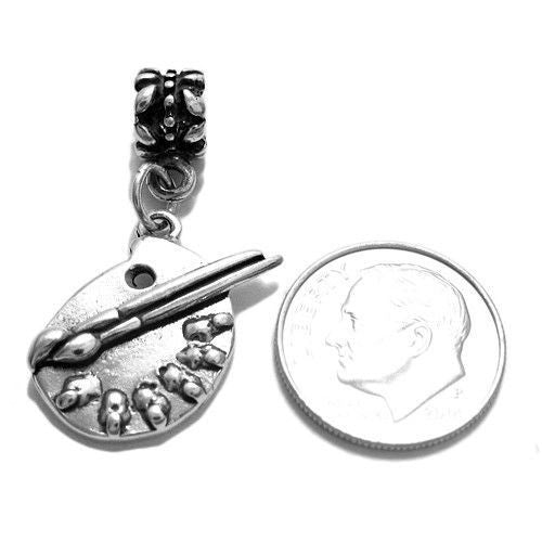 Painter's Palette and Brushes Charm with Euro Bead. Sterling Silver