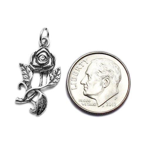 Rose with Leaves Charm. Sterling Silver