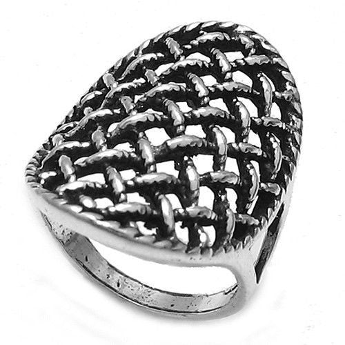 A unique ring in an intricate steel net pattern. Wholesale Sterling Silver Rings.